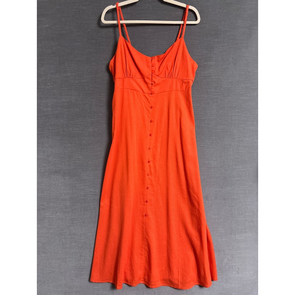 Monteau Dress XL Orange Linen Smocked Button Front Midi Sundress Beach Resort